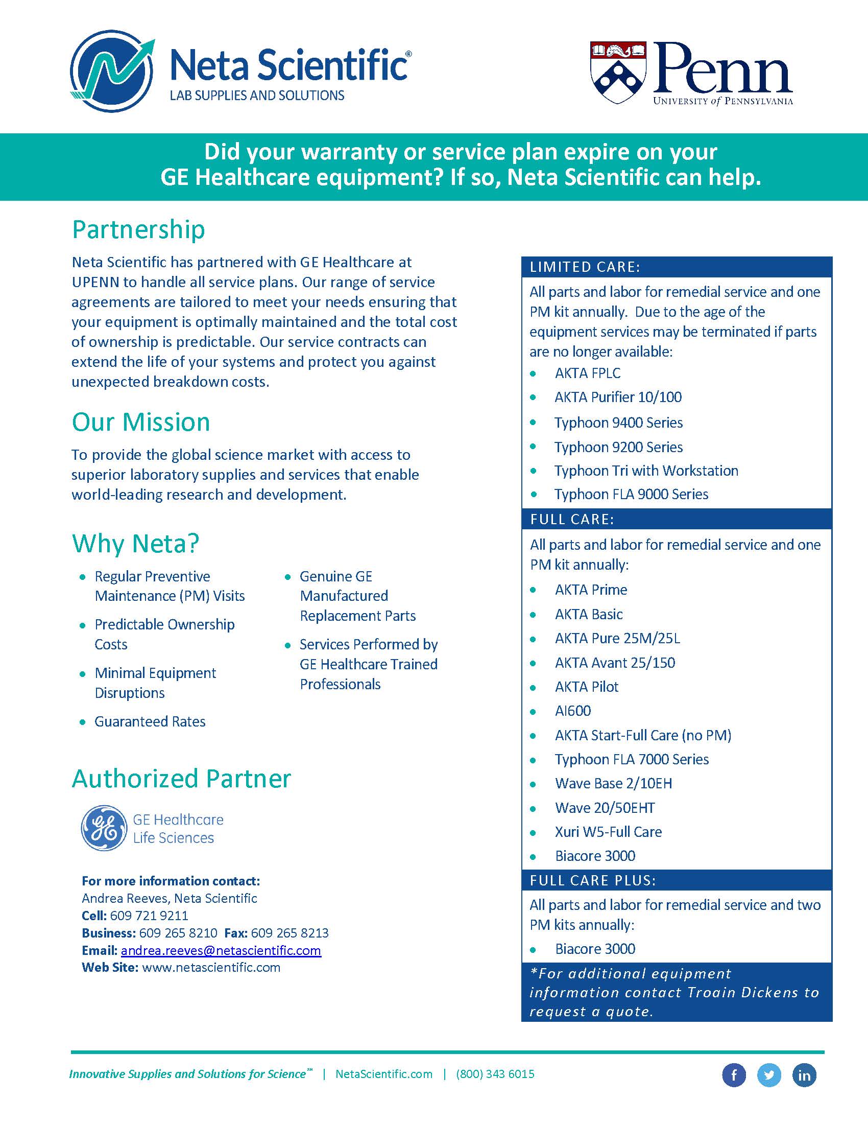 Did your warranty or service plan expire on your GE Healthcare equipment? If so, Neta Scientific can help