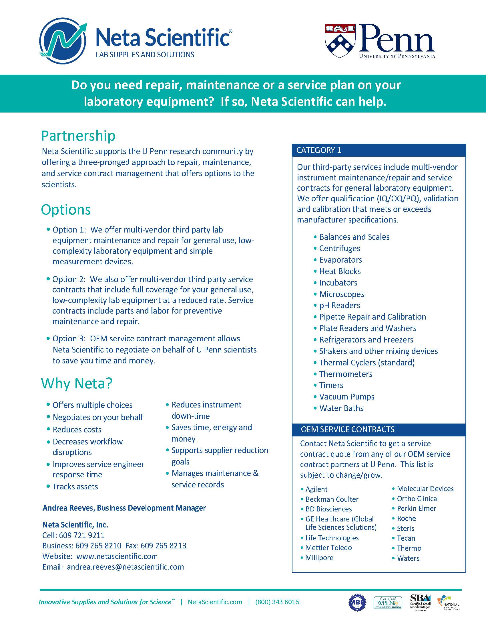 Do you need repair, maintenance or a service plan for laboratory equipment? If so, Neta Scientific can help